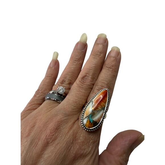 925 Sterling Silver Orange & Blue Turquoise Ring – Size 7 – Teardrop Jewelry - Picture 3 of 3